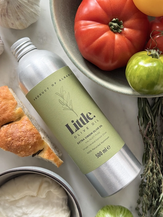 kalinjot extra virgin olive oil, colourful tomatoes and foccacia