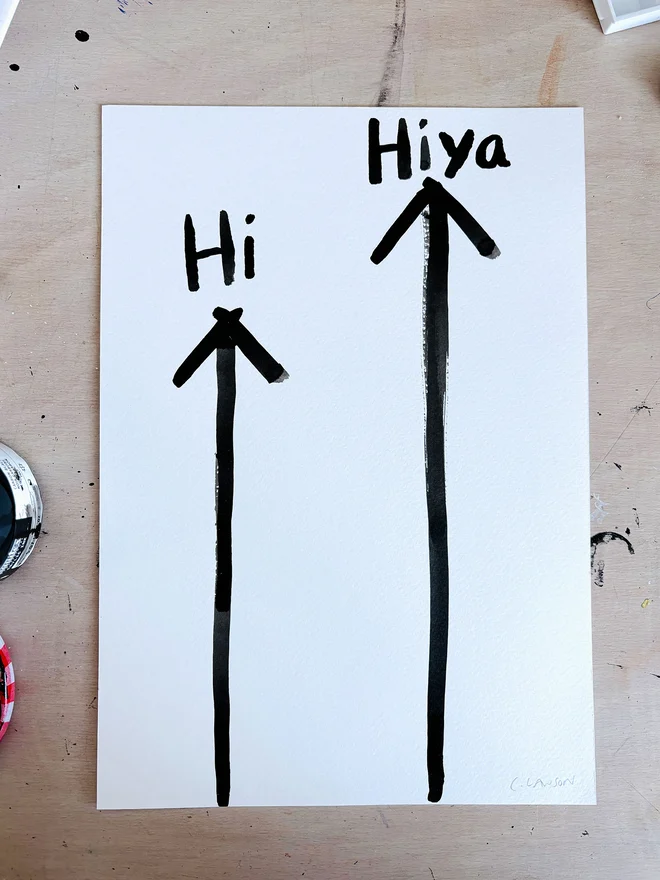 'Hi, Hiya' wordplay artwork in ink