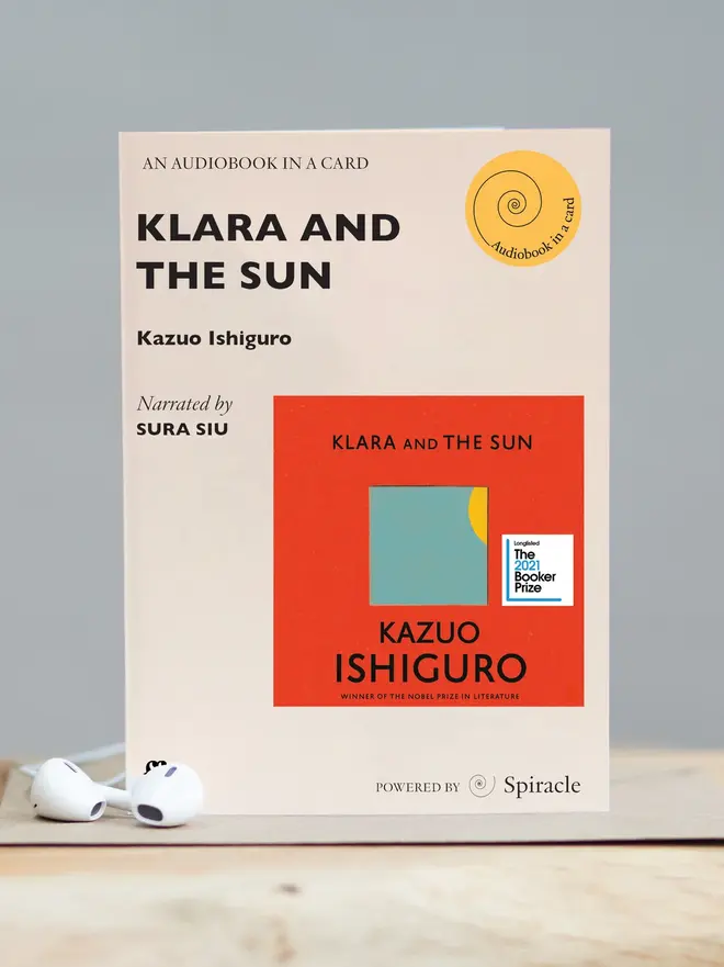 Klara And The Sun Audiobook In A Card, against a grey background. 