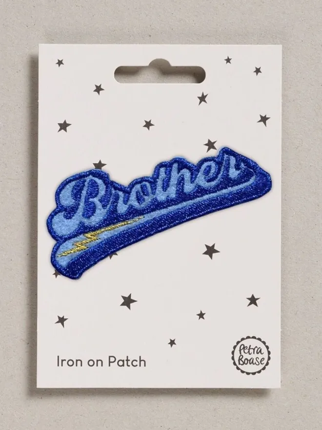 Brother embroidered iron on fabric patch.