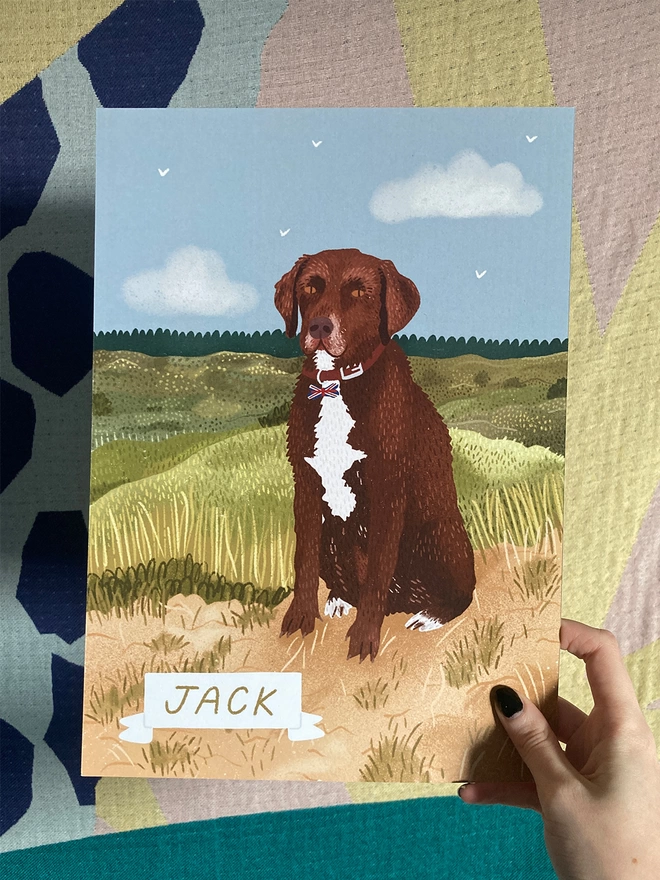Hand holding A4 print of a dog sat on some sand dunes, with a name badge of Jack.