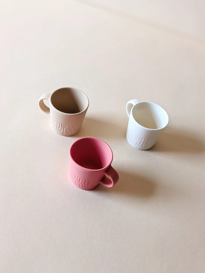 Set of Three Tiny Espresso Cups Pale Oat Neutral, Milkshake Pink, White Hand Carved Scalloped Texture