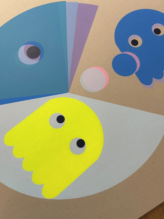 Close up of Screen Print, Retro Arcade Game Monsters