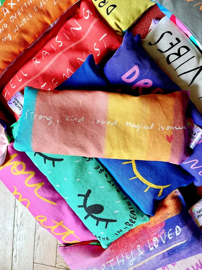 Nicola's iconic lavender eye pillows are colourful and filled with joy! ( and lavender)