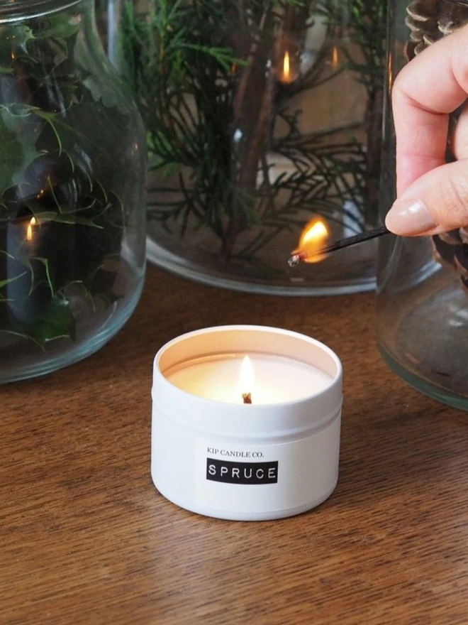 Spruce Christmas scented candle travel tin