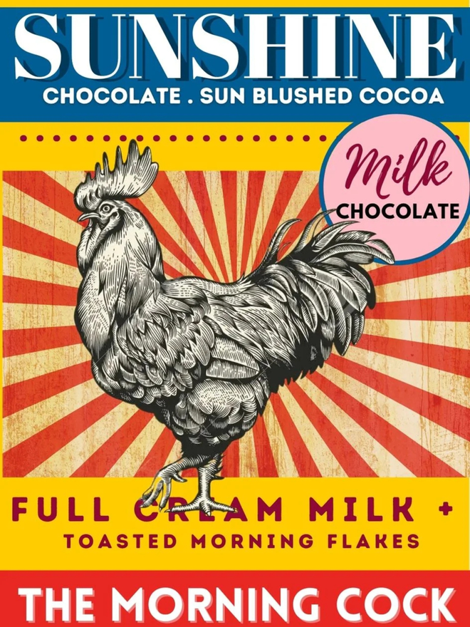 'the morning cock' milk chocolate bar. the front of packaging for a chocolate bar featuring an illustrated cockerel and vibrant red and yellow colours.
