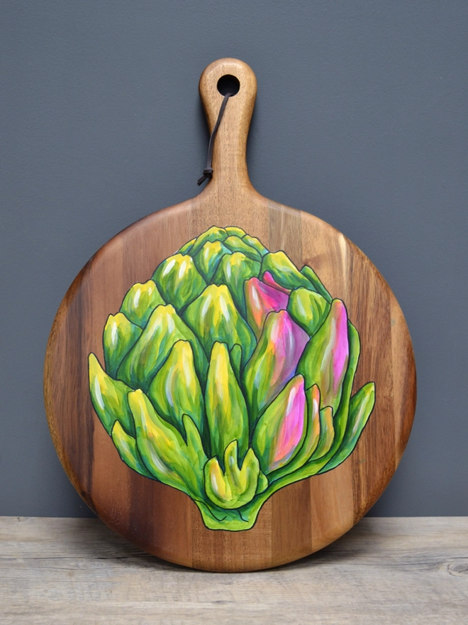 Wooden serving board with handpainted artichoke design