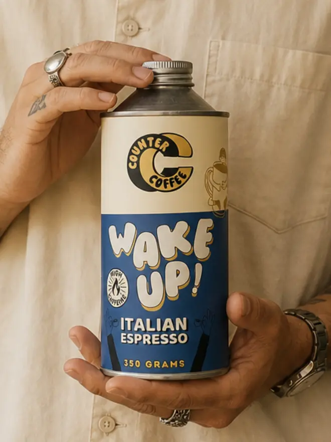 Wake Up! Espresso. A tin of espresso beans from Counter Coffee.