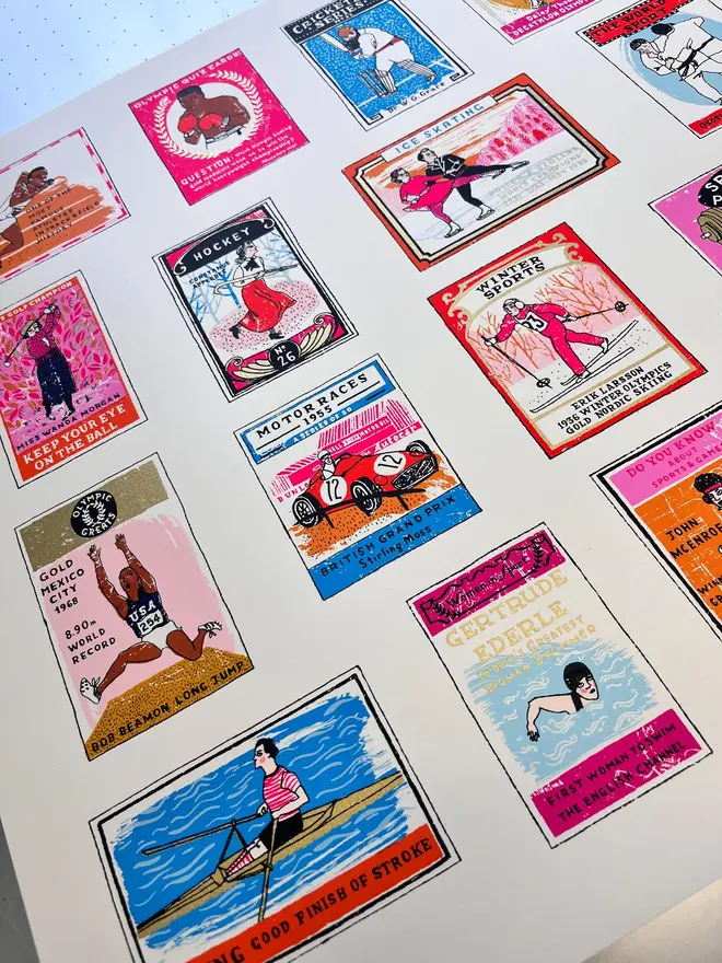 A To Z Of Sport Screenprint Going For Gold, a collection of colourful sport designs on a white screenprint. 