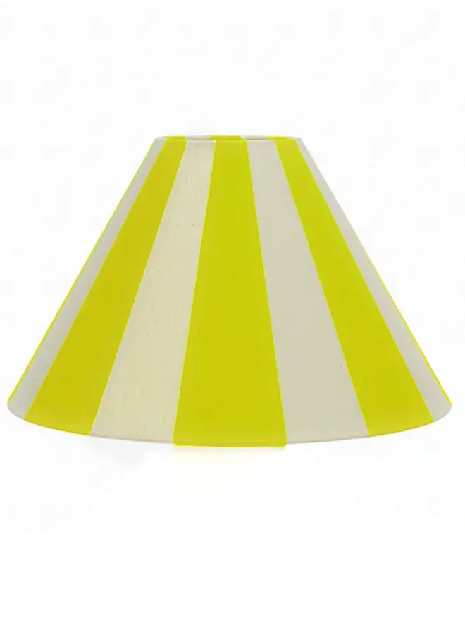 Hand Painted Upcycled Striped Large Drum Lampshade, a neon yellow striped lampshade sitting against a white background. 