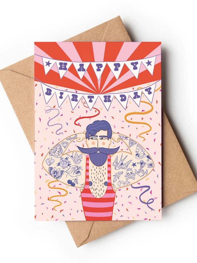 Tattooed Strongman Birthday Card
with brown envelope