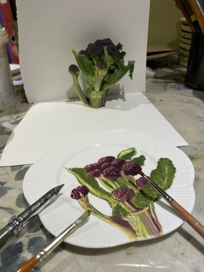 painting broccoli in the studio