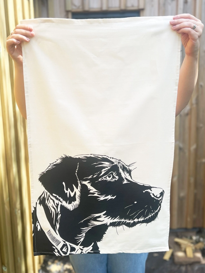 Full image of Labrador dog tea towel with the labradors head printed in the bottom half