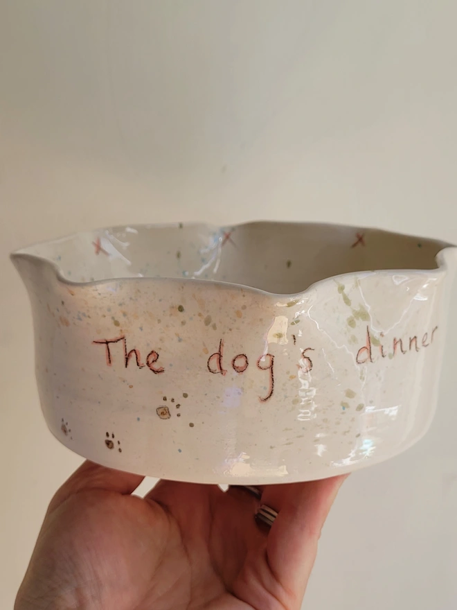 ivory ceramic dog bowl with 'the dog's dinner' written on the side with brown green and blue splatters and pawprints held in a hand