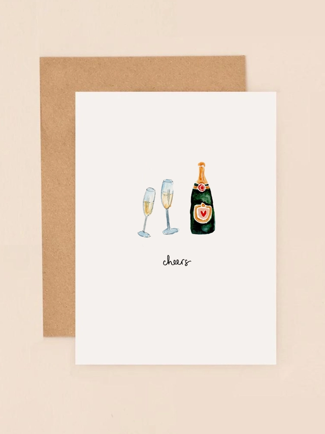 A festive illustration featuring two champagne flutes clinking together in a celebratory toast, with a bottle of bubbly.  The card's compact size and elegant details make it perfect for sending congratulations or best wishes for any special occasion.