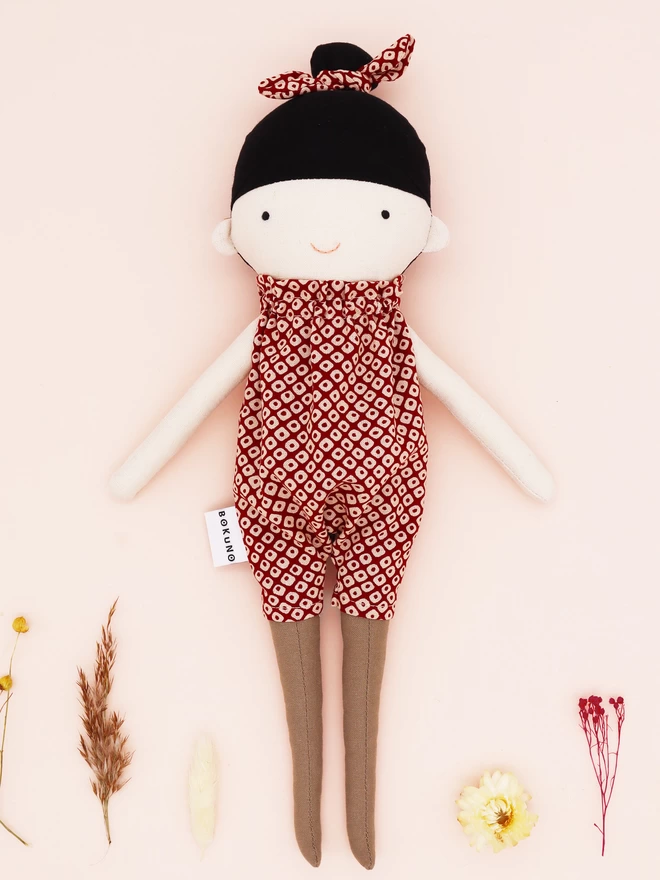 Japanese Chinese Korean doll with black hair and asian print outfit