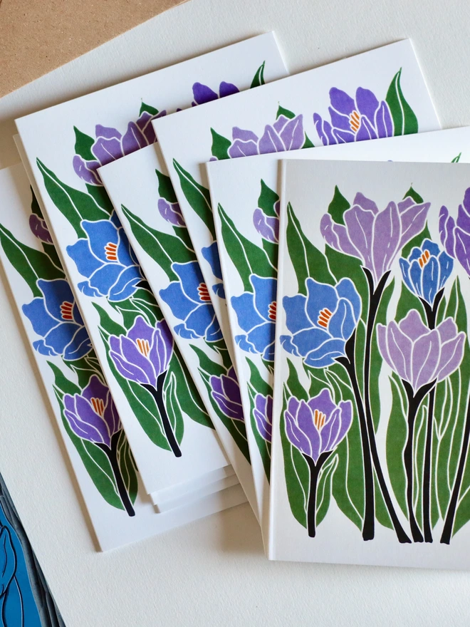 set of 8 handmade crocus flower note cards carefully printed on recycled 300gsm cardstock