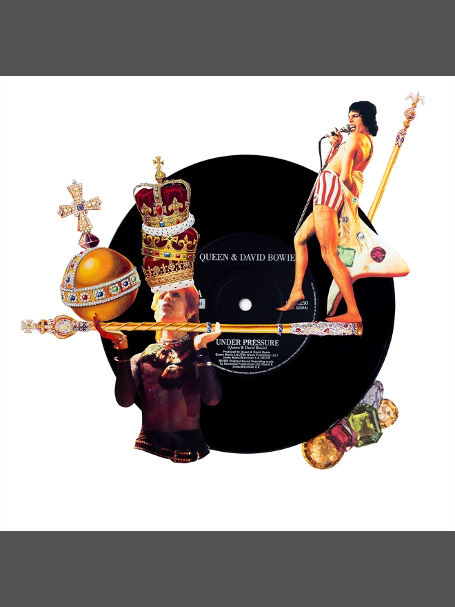 Under Pressure by Queen & David Bowie ‘7” Single’ print of an original collaged artwork.