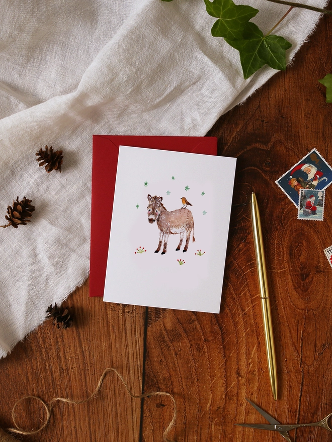 Donkey and Robin Mini Christmas Card