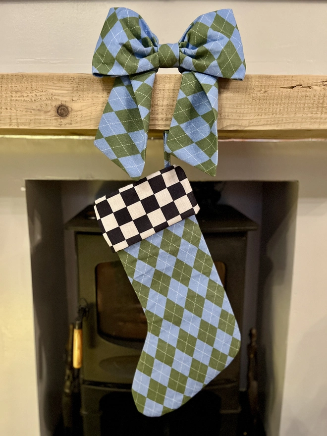 Blue and Green Argyle with Black and White Checkerboard Cuff 