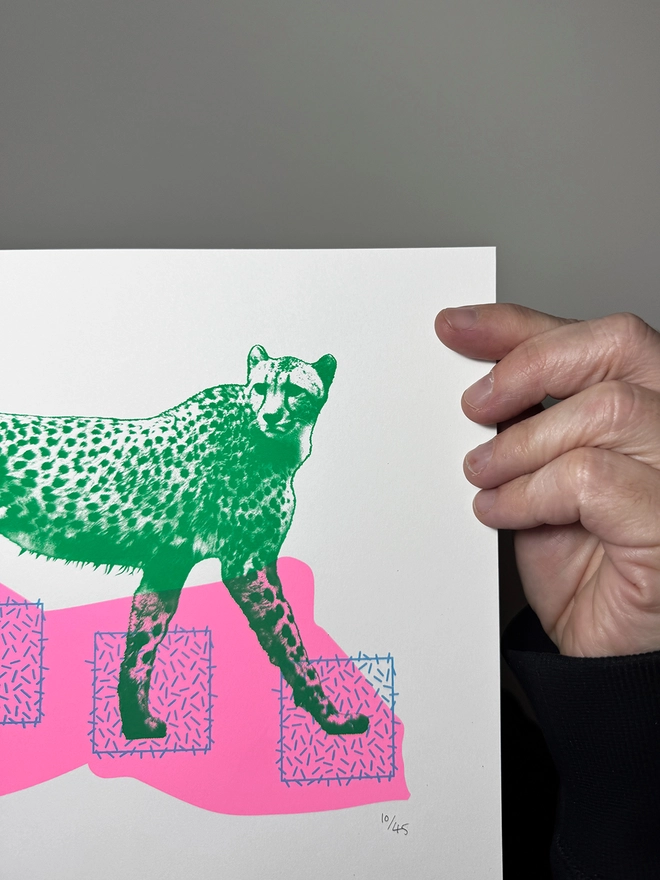 Techno Cheetah – Screen Printed Poster - Small A4 Size - Close up detail shot top right