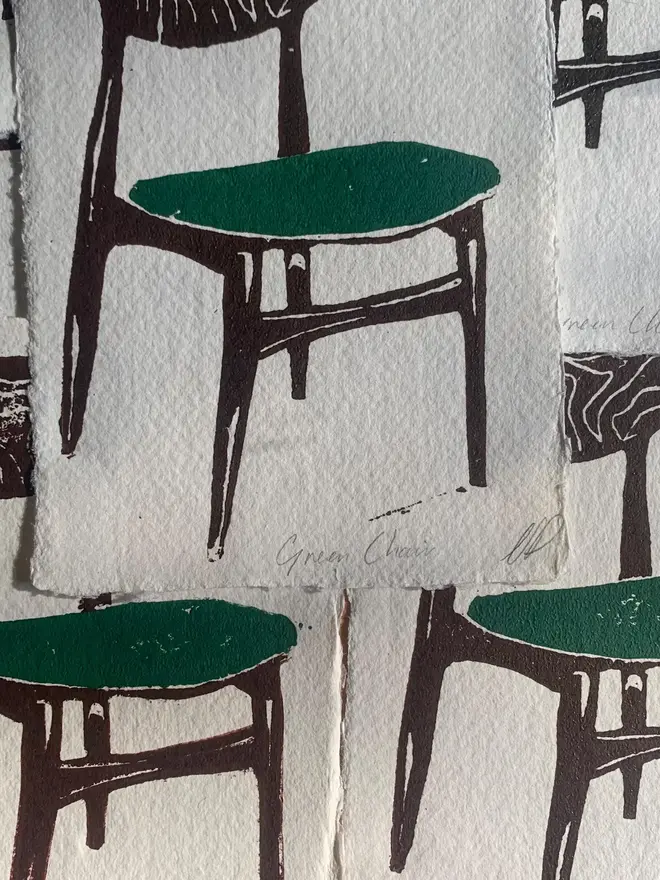 Lino Print Vintage Green Chair On Handmade Paper