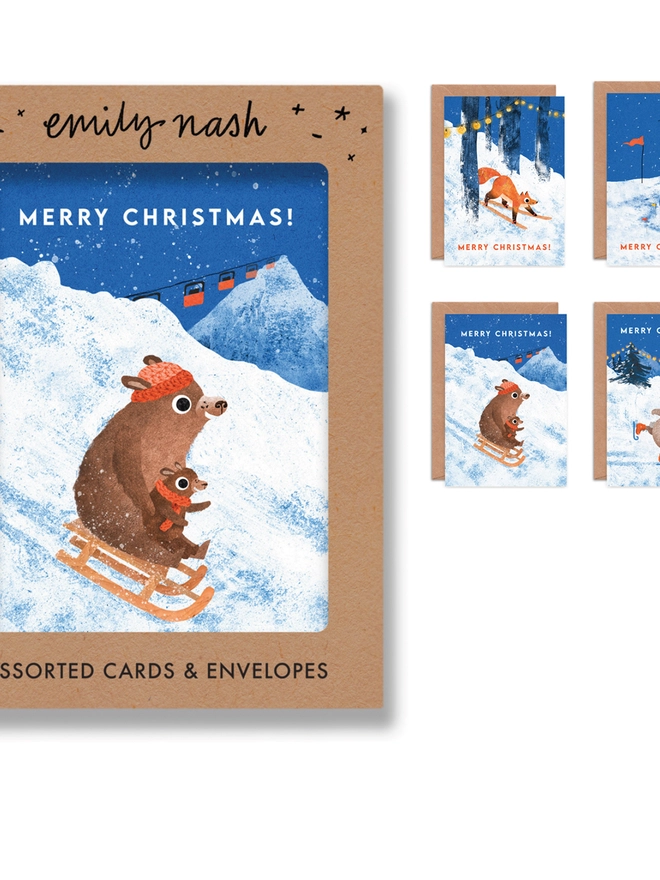 snow animal skiing penguin fox bear rabbit greeting card pack set multipack winter christmas holiday