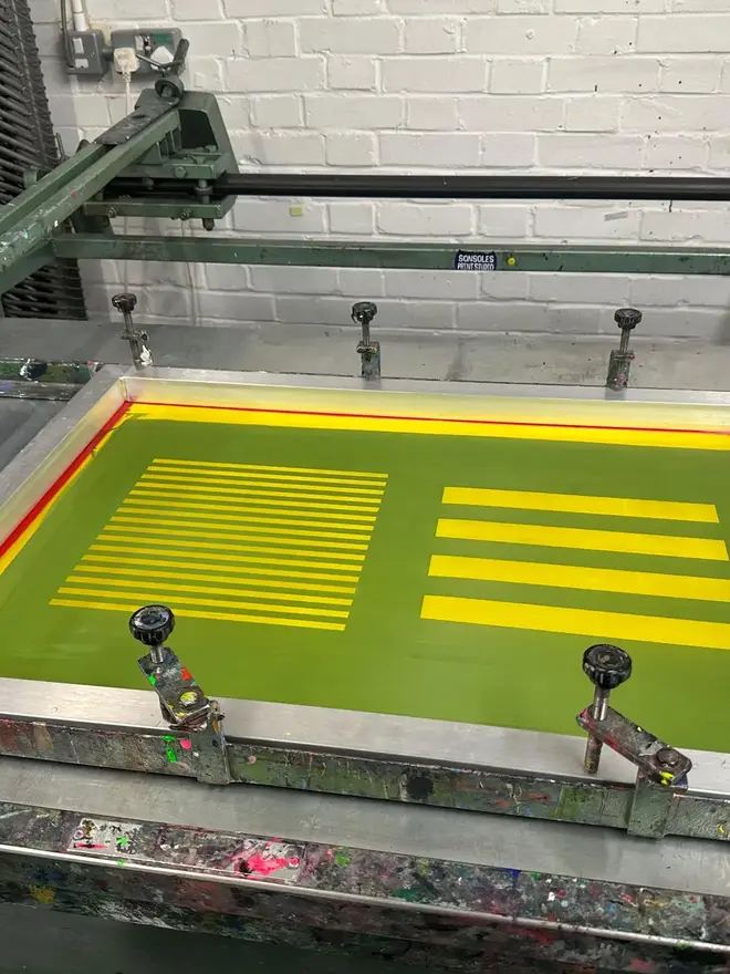 Gingham Screen Printed A5 / A4 Photo Mount. screen printing equipment and process depicted.