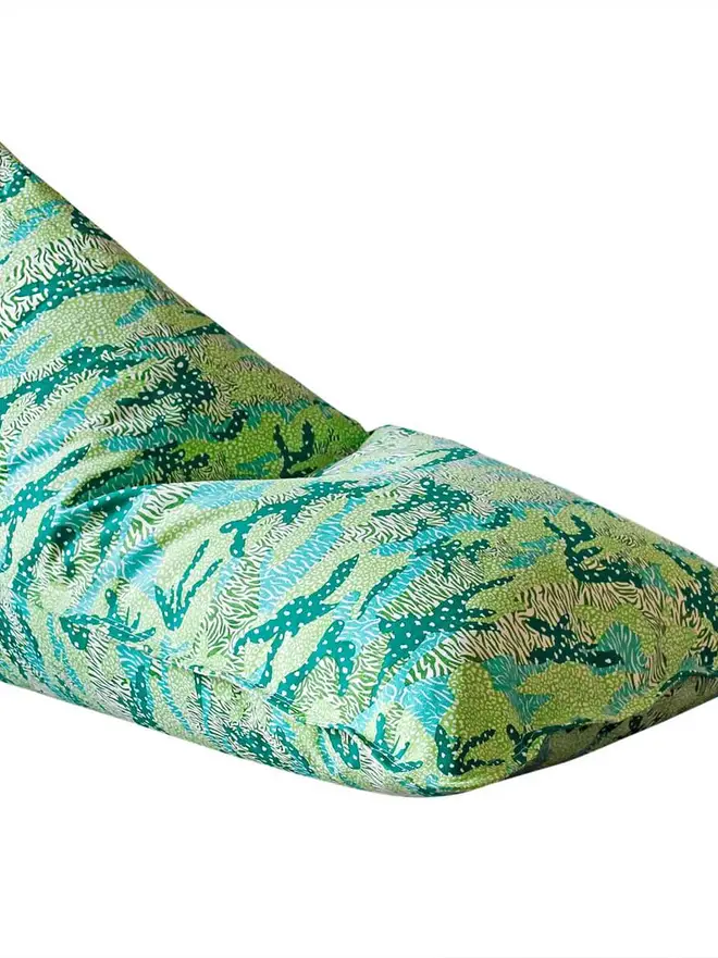 Green Big Cat Camo Bean Bag Cover, a green bean bag cover sitting against a white backdrop. 