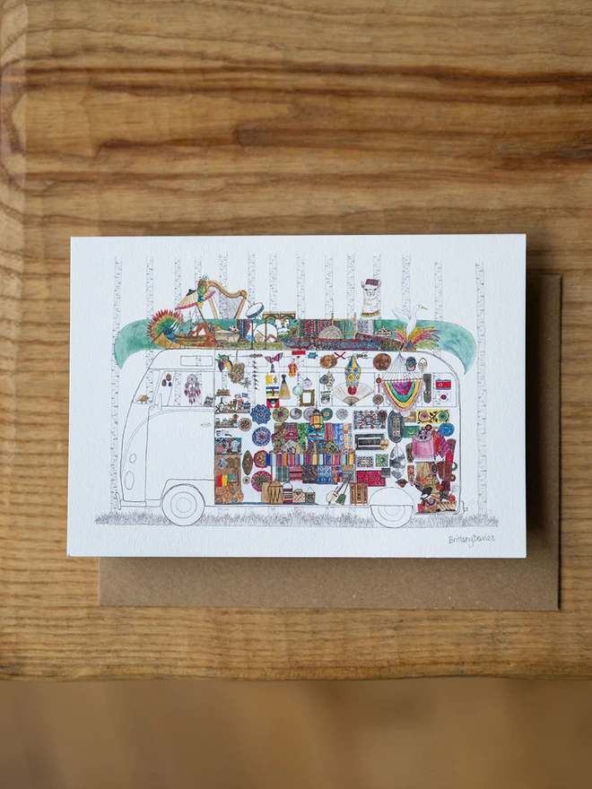 Hand-Drawn Watercolour Campervan Traveller Card 