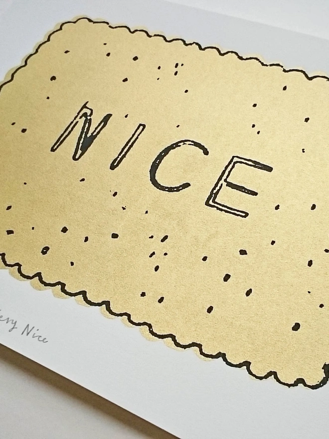 A4 Very Nice Biscuit Screen Print, a white screenprint with a biscuit with the word 'nice' in the centre. 