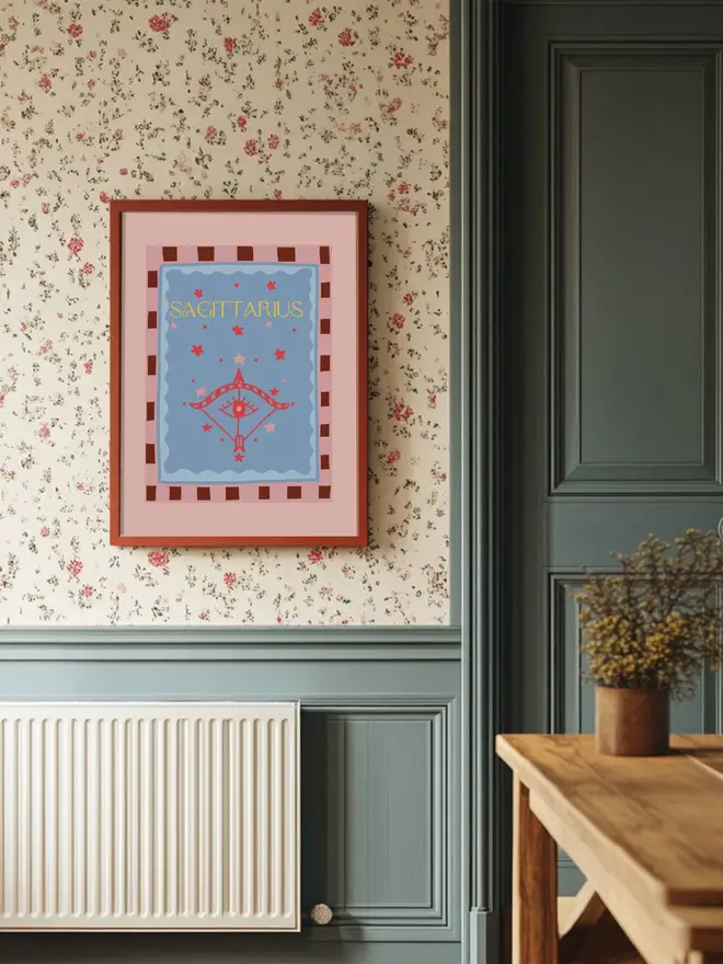 Sagittarius digital print A3 mounted and framed on a wall. Star sign print horoscope print 
