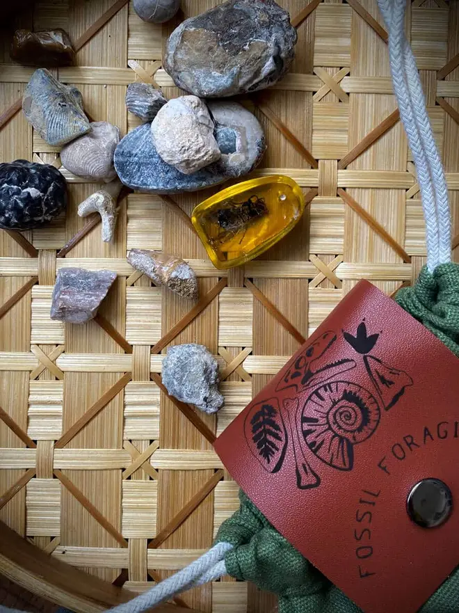 Personalised Foraging Drawstring Canvas Pouch, a green canvas pouch with a brown leather flap that reads "FOSSIL FORAGING" surrounded by rocks, fossils, and amber on a woven mat.