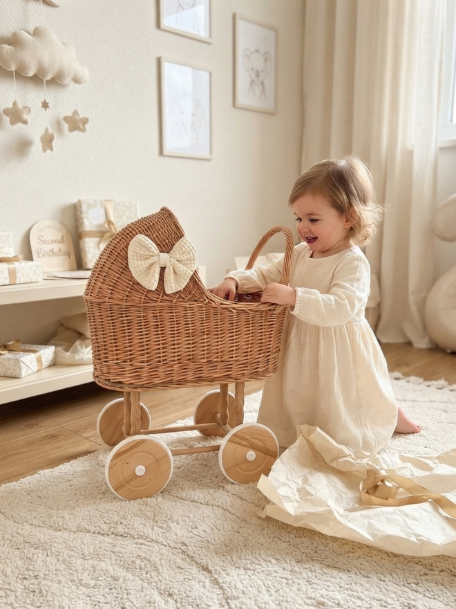 Tall Wicker Pram With Bow And Matching Bedding 
