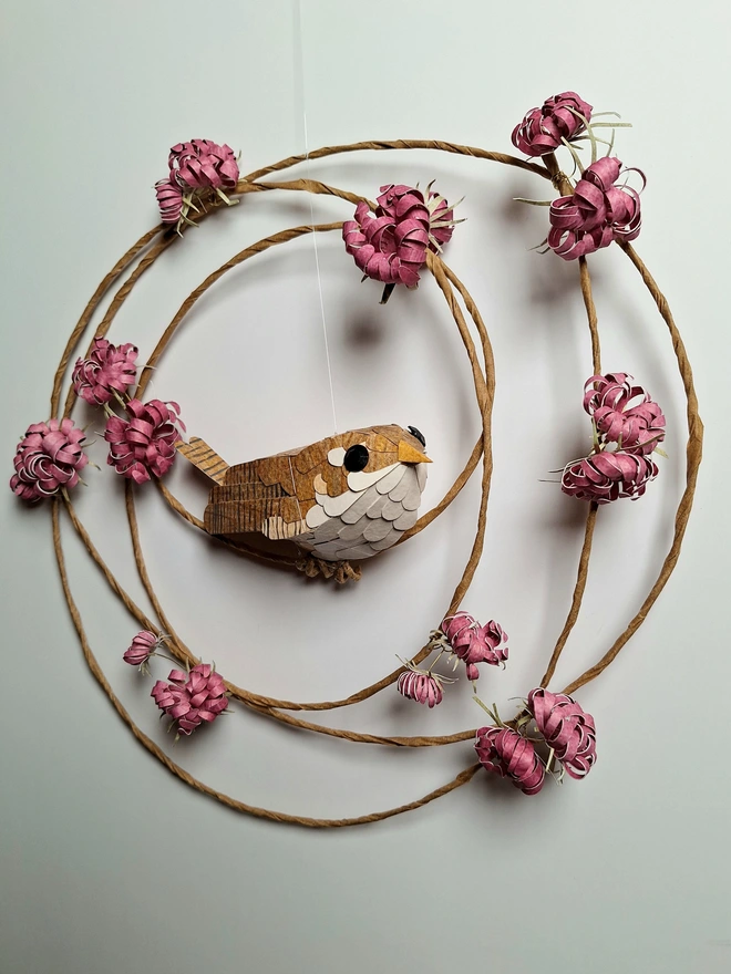 wren bird sculpture on a burgundy flower wreath. Handmade nature themed wall art