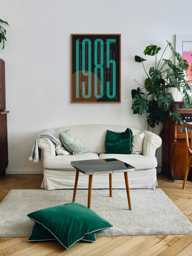 Vertigo Personalised Date Poster. A poster in deep forest. Living room setting