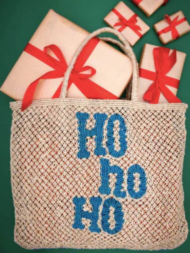 Natural and blue ho ho ho bag