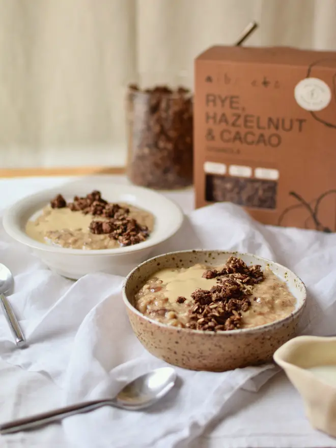nibs etc. Rye Hazelnut Cacao with Date Tahini Banana Porridge