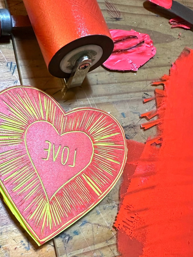 Love Heart Valentines Card Hand Printed Linocut With Gold 