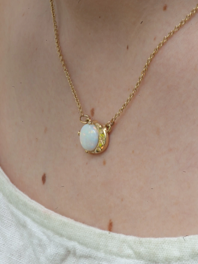 Opal Necklace With Crescent Moon 9ct Gold 