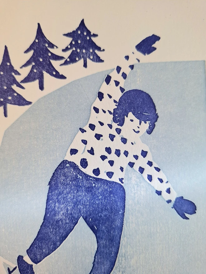 A close up image of a handprinted illustration in light and dark blue, of a smiling girl ice-skating.