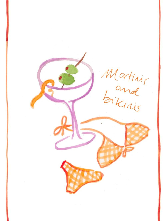 martinis and bikinis print linen tea towel