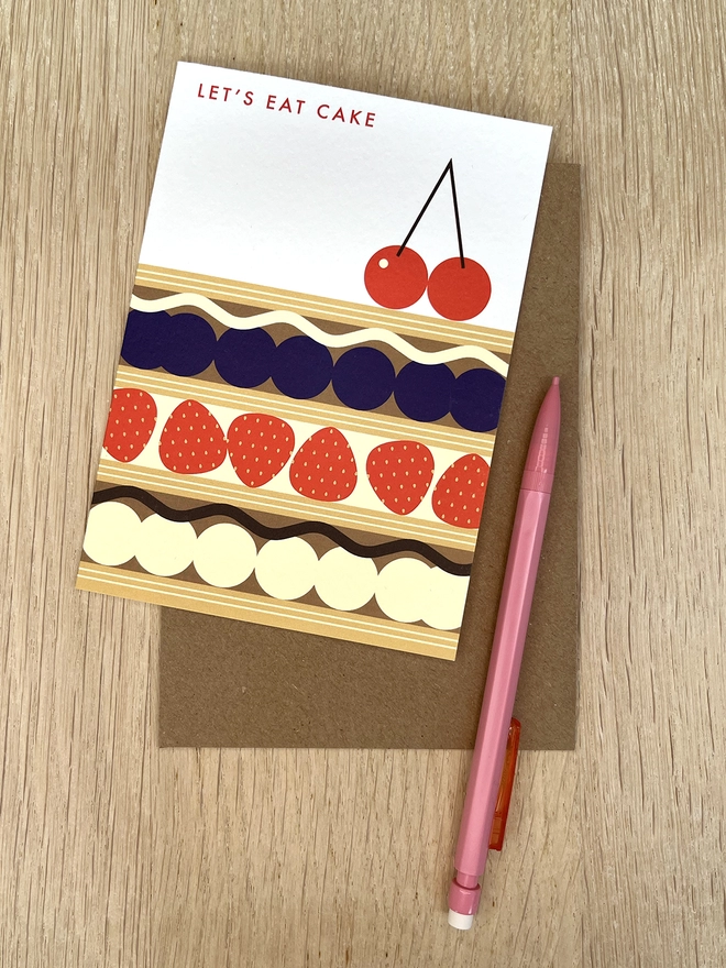 Greetings card with a layer cake and cherries