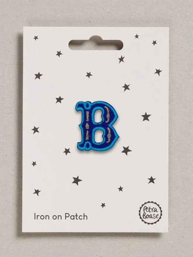 Letter B Blue iron on embroidered patch for personalising accessories and clothes.