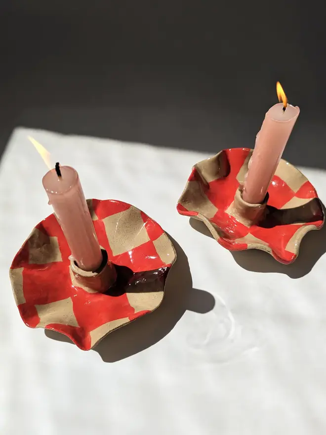 Pair of Red Checked Scalloped Candle Holders