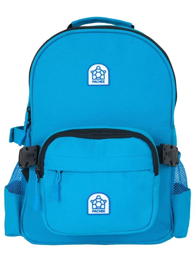 Frontal view of the blue Beltbackpack with detachable beltbag.