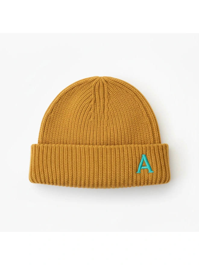 Personalised Embroidered Letter Beanie in Mustard