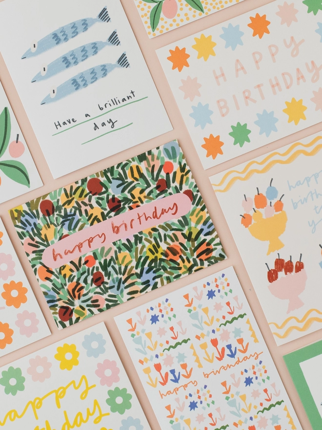 'Happy Birthday Leaves And Spots Greeting card with a selection of Letterbox Lane greetings cards