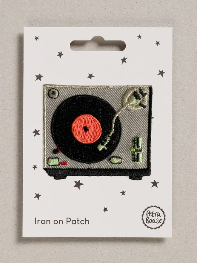 Record player Iron on embroidered patch.