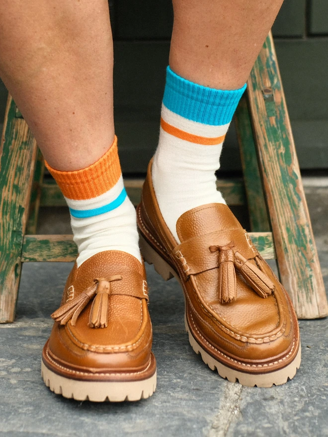 Merino socks with orange and blue stripes 
